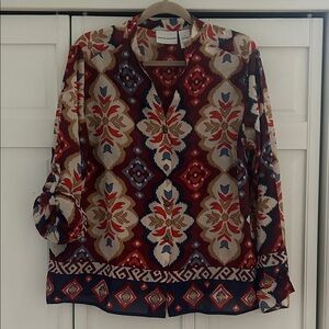 Alfred Dunner Maroon, Cream, and Blue Patterned Blouse